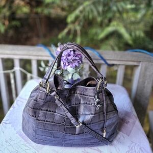 G.I.L.I. Grey Croc-Embossed  Leather Shoulder Bag with Handle/Strap